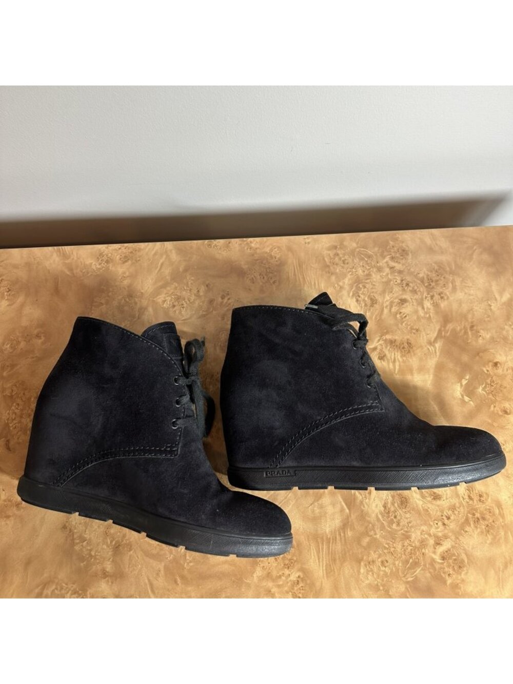 Prada Black Suede Chukka Ankle Boots Women's Size 40 Lace-Up Wedge Heel - Picture 6 of 11